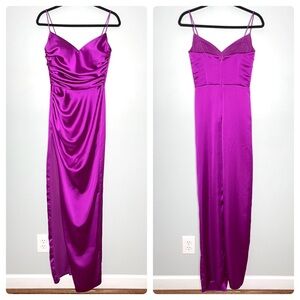 Tarik Ediz RG2 Raina Dress Maxi Gown Satin Ruched V-Neck In Orchid Purple Size 2